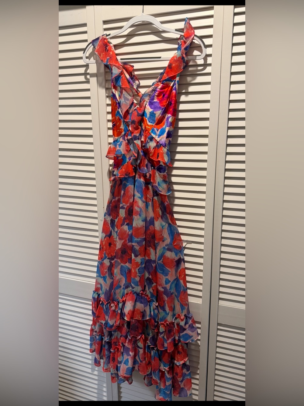 PatBO Floral Ruffle V-Neck Maxi Dress in Red & Blue
